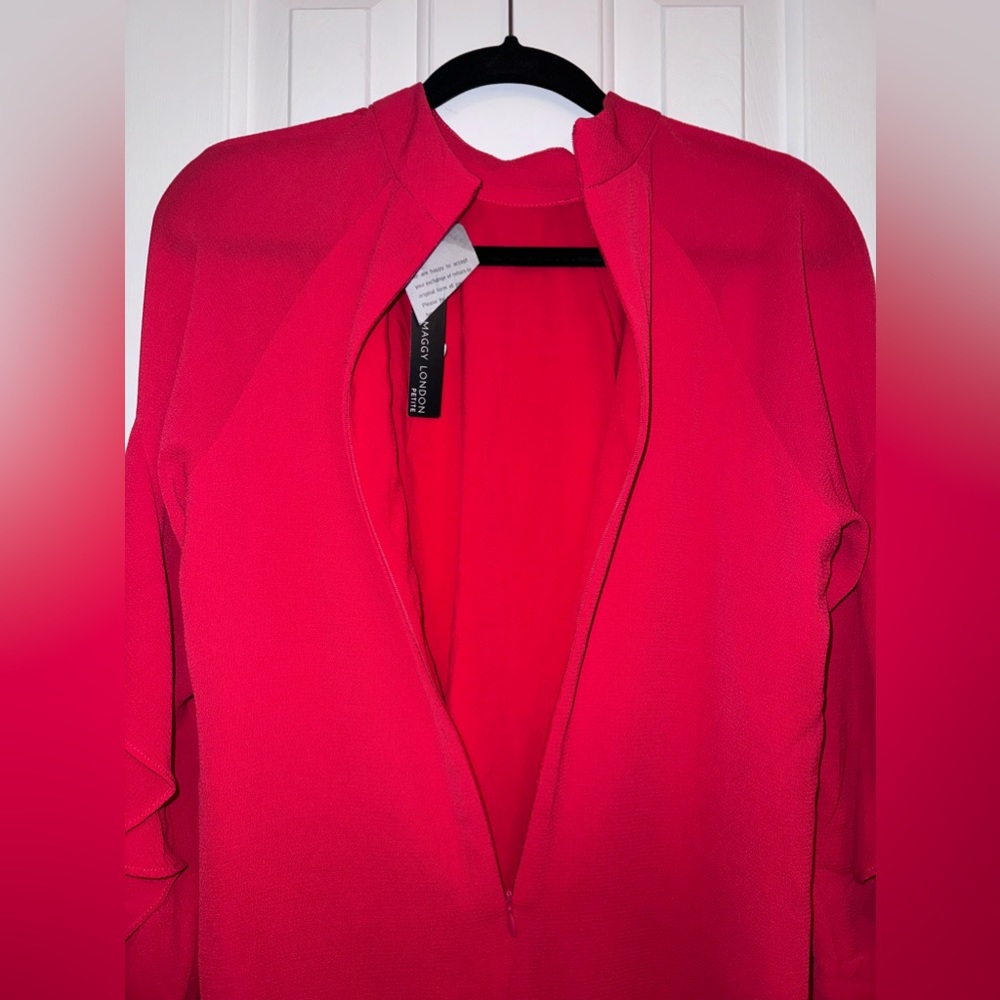 Maggy London Women's Petite Red Crepe Novelty Dress with Sleeve & Neck Shirring - Picture 11 of 15